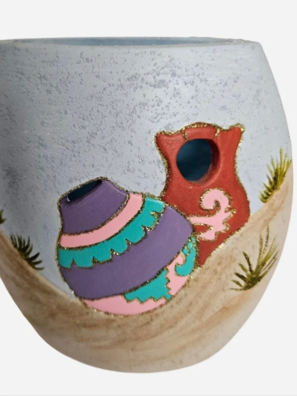 Handmade ceramic vase set with desert scene featuring cactus and sand dunes